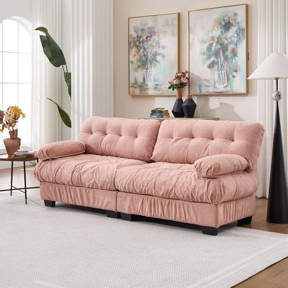 88 in. Flannelette Fabric Upholstered Rectangle Modular 2-Seater Sectional Sofa Loveseat in Pink with Pillows