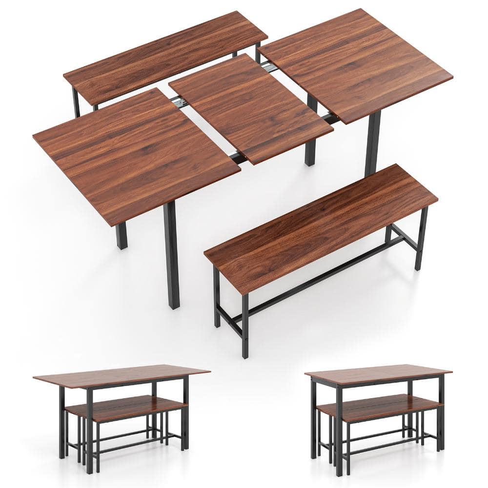 3-Piece Dining Table Set with Table and 2 Benches for Dining Room, Walnut Finish