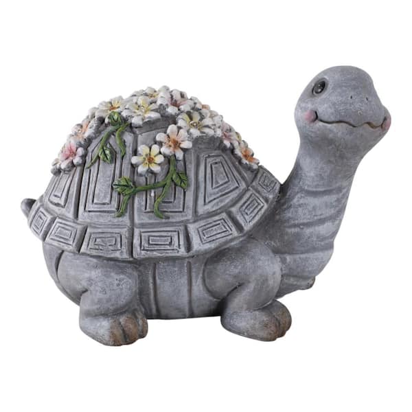 14 in. x 9 in. Gray Ceramic Turtle With Solar Flowers Garden Statue
