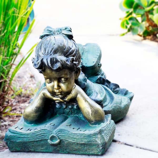 16 in. Tall Indoor/Outdoor Girl Laying Down Reading Book Statue Set Yard Art Decoration