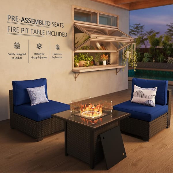2-Piece Blue Wicker Patio Rectangle Fire Pit Conversation Set