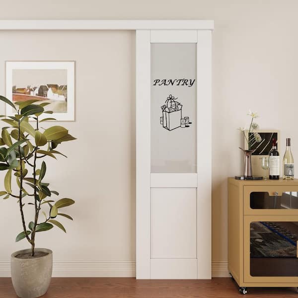 24 in. x 80 in. Hidden Track 1/2 Lite Glass White Primed MDF Sliding Barn Door with Hardware Kit and Pantry Sticker