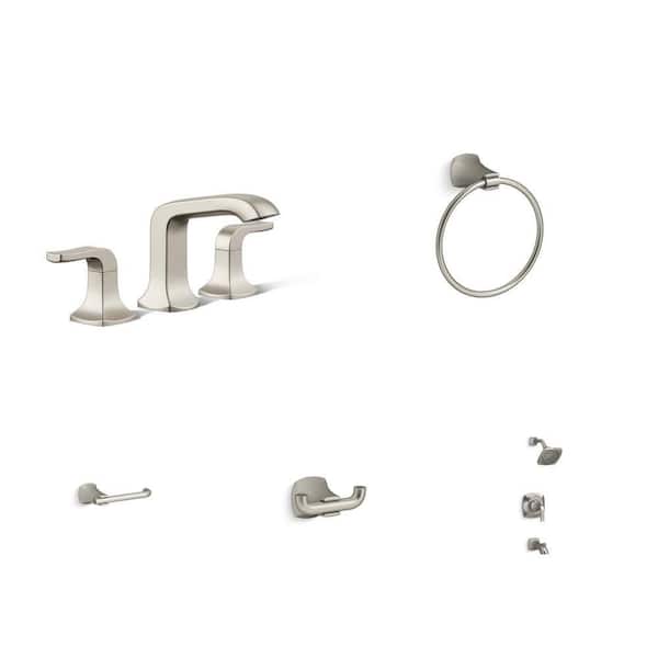 Rubicon Brushed Nickel Bathroom Faucet, Towel Ring, Toilet Paper Holder, Robe Hook and Shower Faucet Combo