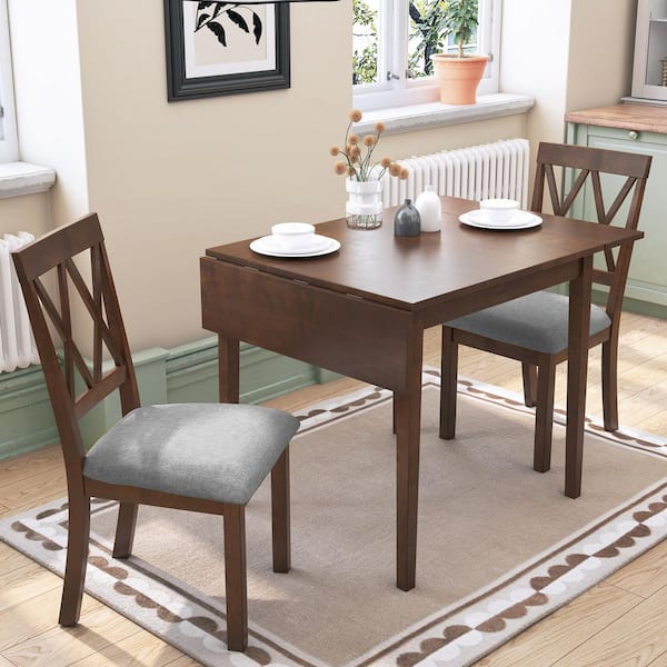 3-Piece Brown Wood Top Extendable Dining Set with 2 Upholstered Dining Chairs and Drop Leaf Table