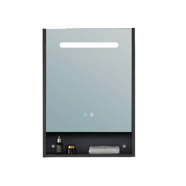 Tileon 21 in. W x 30 in. H Large Rectangular Black Wood Surface Mount Medicine Cabinet with Mirror, Light Anti-Fog Shelf Left