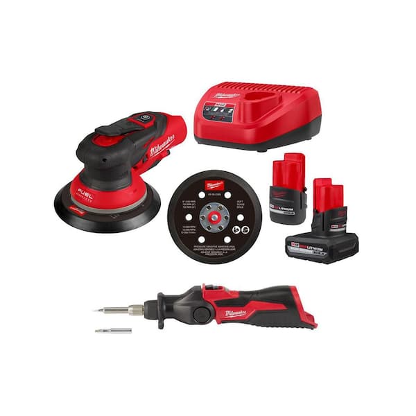 M12 FUEL 12-Volt Li-Ion Brushless Cordless 6 in. Random Orbital Sander Kit (3/32 in) w Batteries, &Soldering Iron