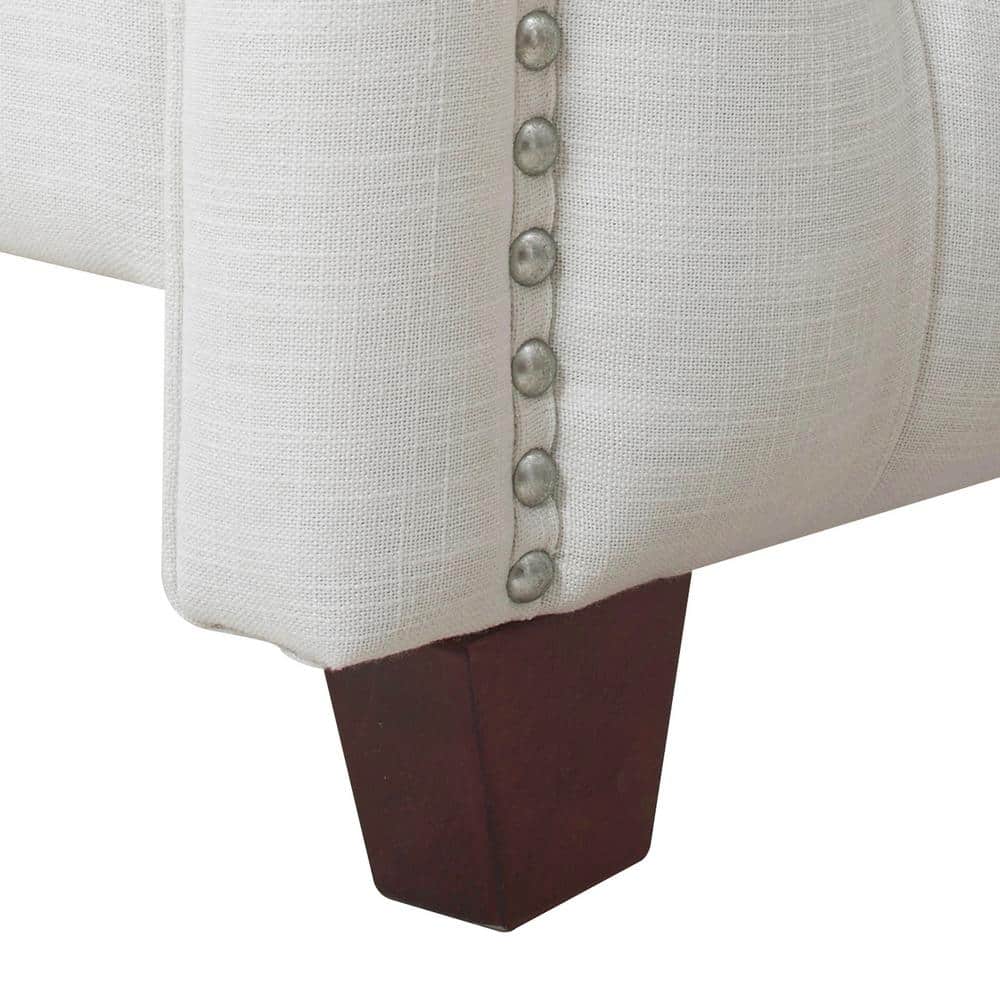 Antique White King Upholstered Bed with Tufted Headboard and Nailhead Trim