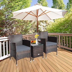 Brown 3-Piece Wicker Patio Conversation Seating Set with Gray Cushions