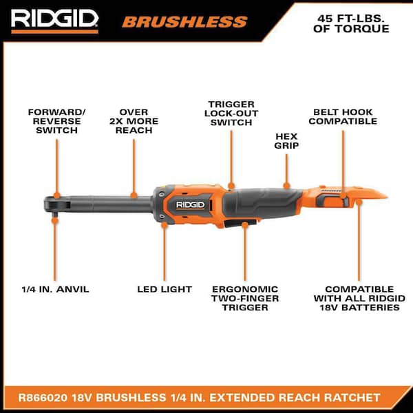RIDGID R866020B 18V Brushless Cordless 1/4 in. Extended Reach Ratchet (Tool Only) - 3