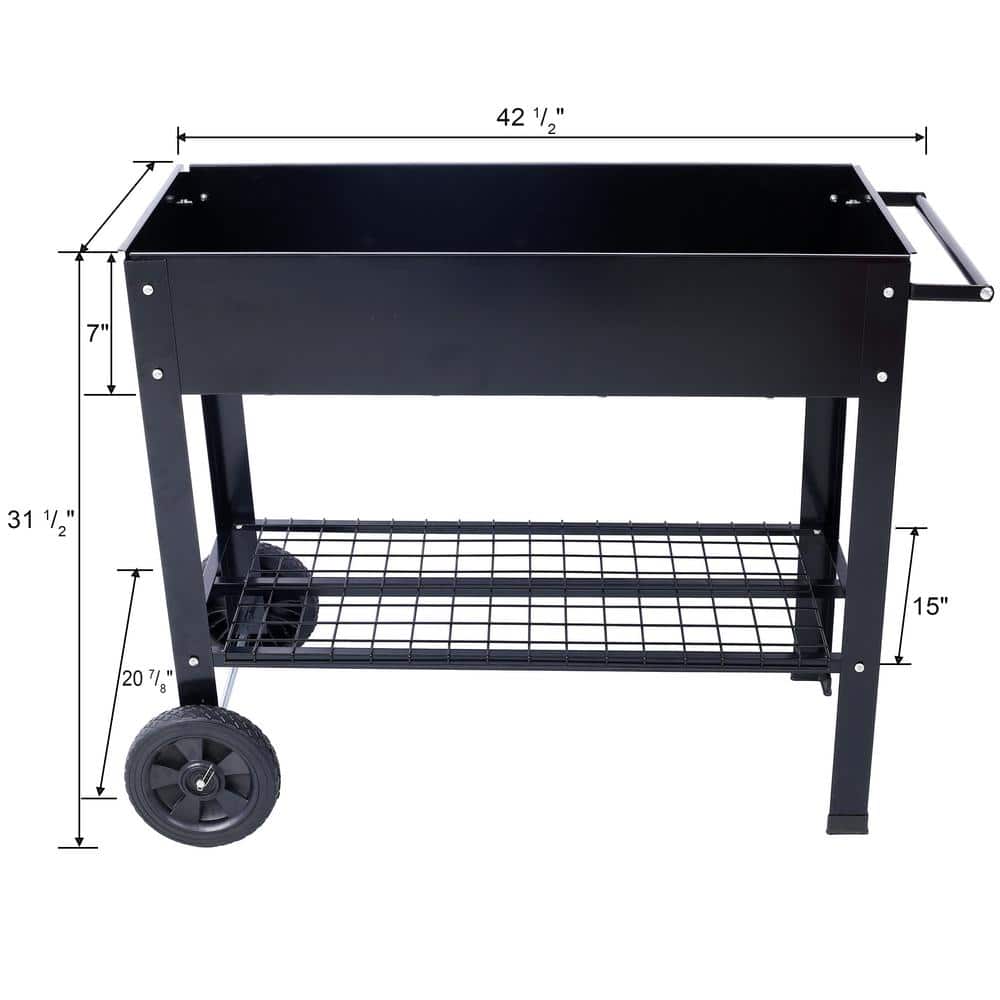 Black Steel Elevated Garden Bed with Shelf and Wheels