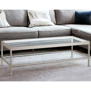 54 in. Silver Rectangle Glass Coffee Table with Shelves Storage