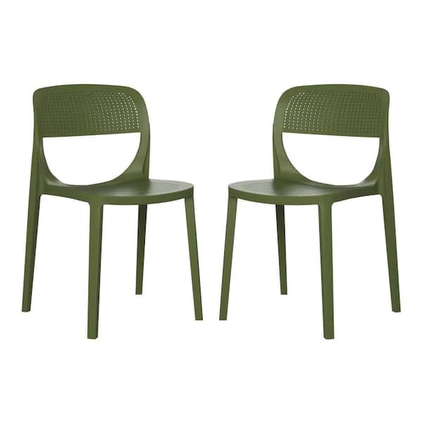 Frond and Form Outdoor Patio Set of 2 Armless Poly Plastic Stackable Dining Chairs, Olive Green