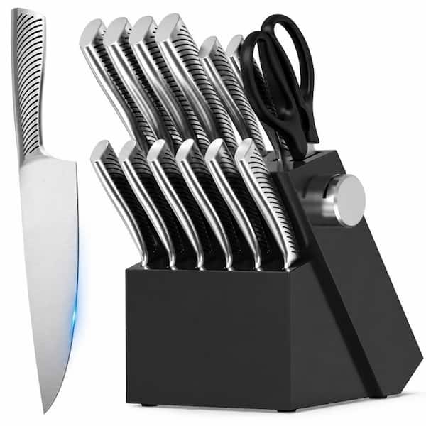 14-Piece Japanese High-Carbon Stainless Steel Knife Block Set with Built-In Sharpener, Dishwasher Safe, Black