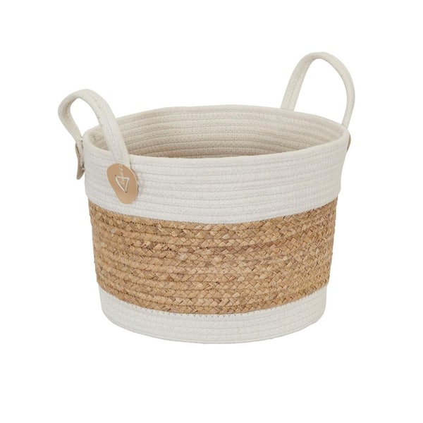 HOUSEHOLD ESSENTIALS 2-Toned Natural and White Wicker Basket with Attached Handles
