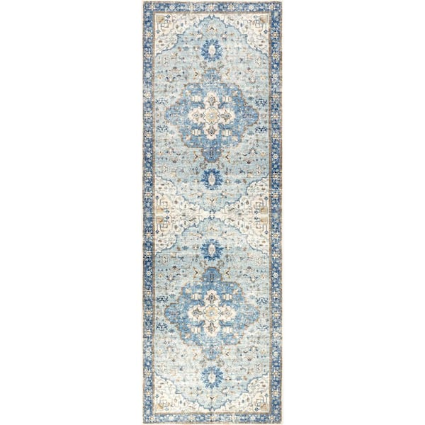 Amaryllis Medallion Machine Washable Dark Blue 3 ft. x 8 ft. Indoor/Outdoor Patio Runner Rug