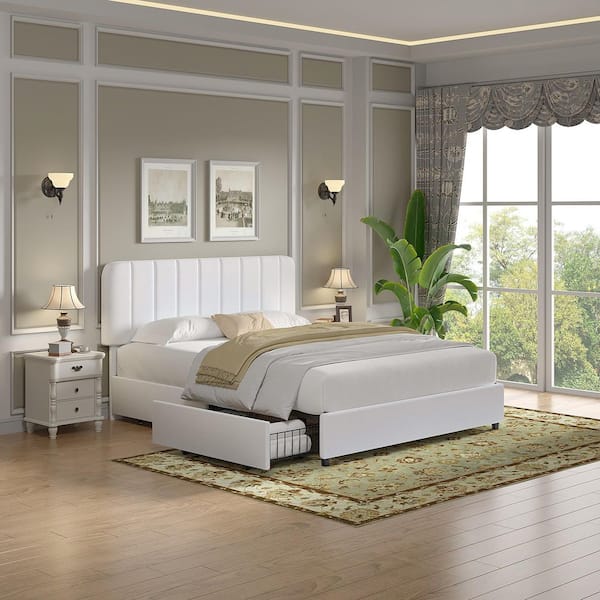Upholstered Bed White Metal Frame Full Size Platform Bed with 4-Storage Drawers and Headboard, Wooden Slats Support