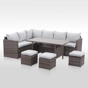 7-Piece PE Rattan Wicker Patio Dining Sectional Cushions Sofa Set in Grey