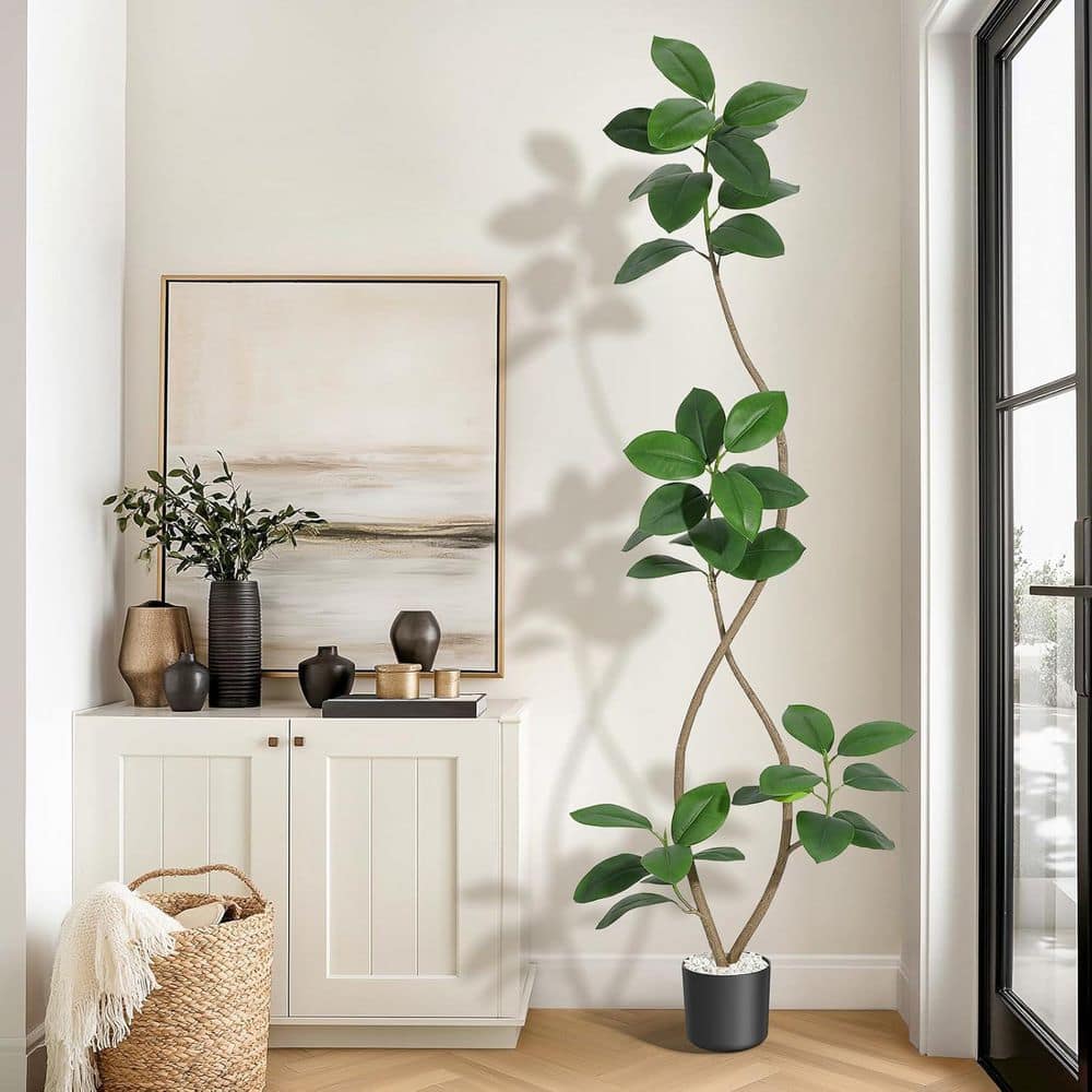 MOVECOM 6.9 ft. Artificial Plant Rubber Tree with Off White Sphere