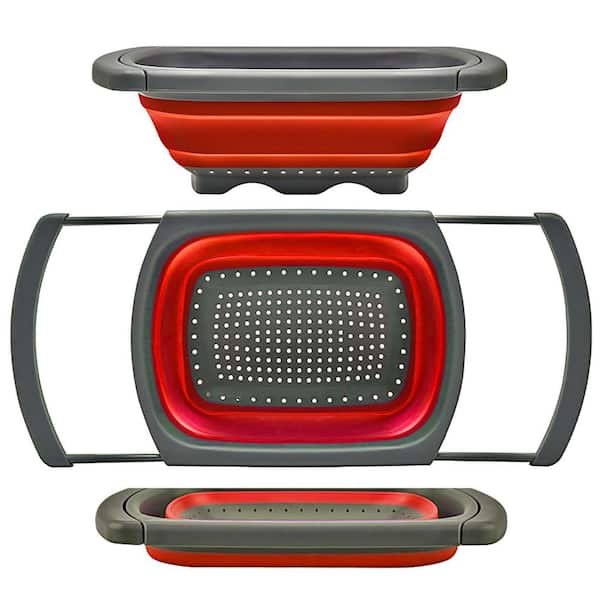 Red Collapsible Silicone Colander with Extendable Handles, Over the Sink Strainer Basket