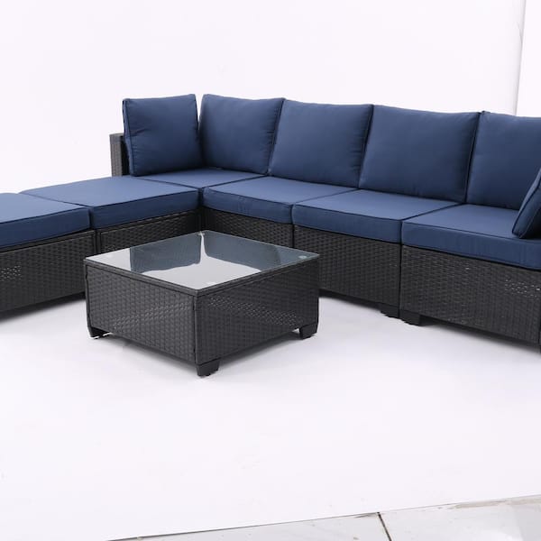 JimsMaison 7-Piece Wicker Patio Conversation Set with Blue Cushions