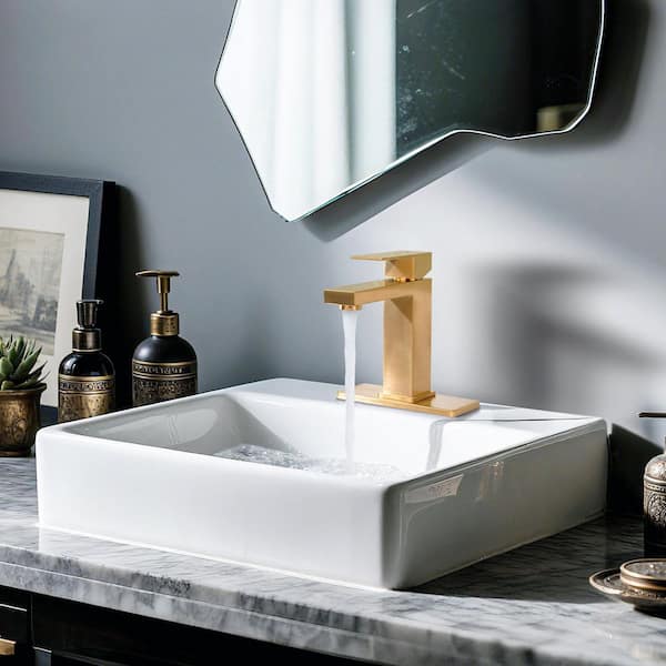 Single Handle Single Hole Bathroom Faucet with Deckplate and Pop Up Drain Included in Gold