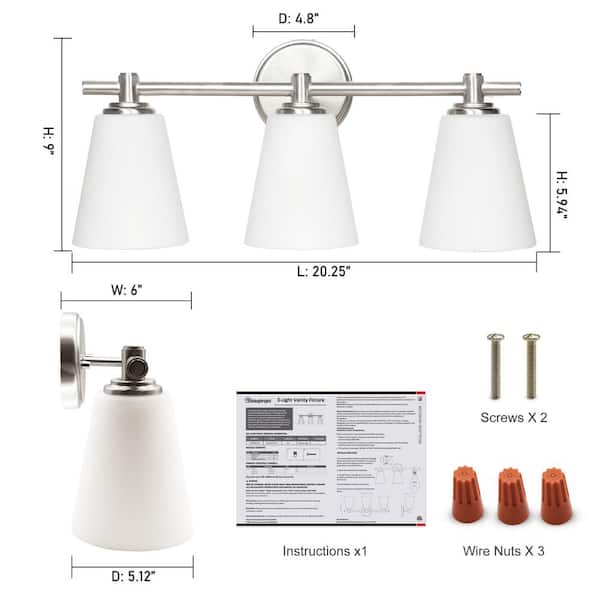 20 in. 3 Light Brushed Nickel Vanity Light with Frosted Glass Shade