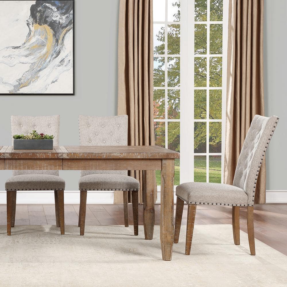 Oatmeal Upholstered Button Tufted Side Chair with Wood Legs