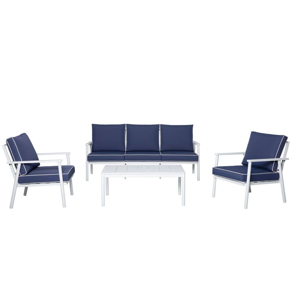 White 4-Piece Aluminum Outdoor Patio Conversation Sofa Seating Set with Dark Blue Cushions price history on PriceWatchPro