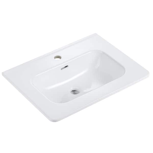 24 in. Drop-In Rectangular Integrated Bathroom Sink in Gloss White Ceramic Vanity Top