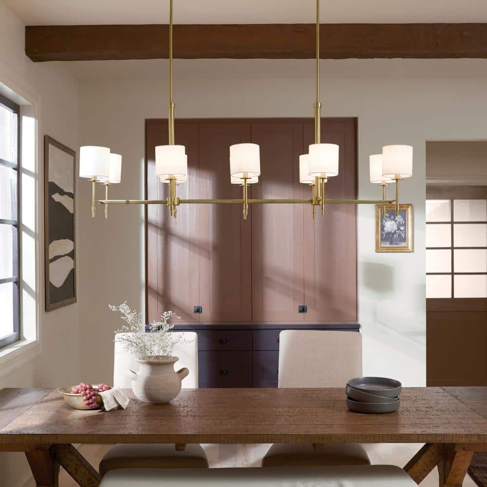 Brushed Brass 10-Light Linear Chandelier with Fabric Drum Shades