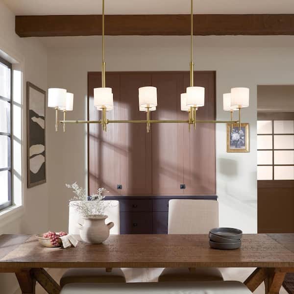 Ali 56.5 in. 10-Light Brushed Natural Brass Traditional Shaded Linear Chandelier for Dining Room