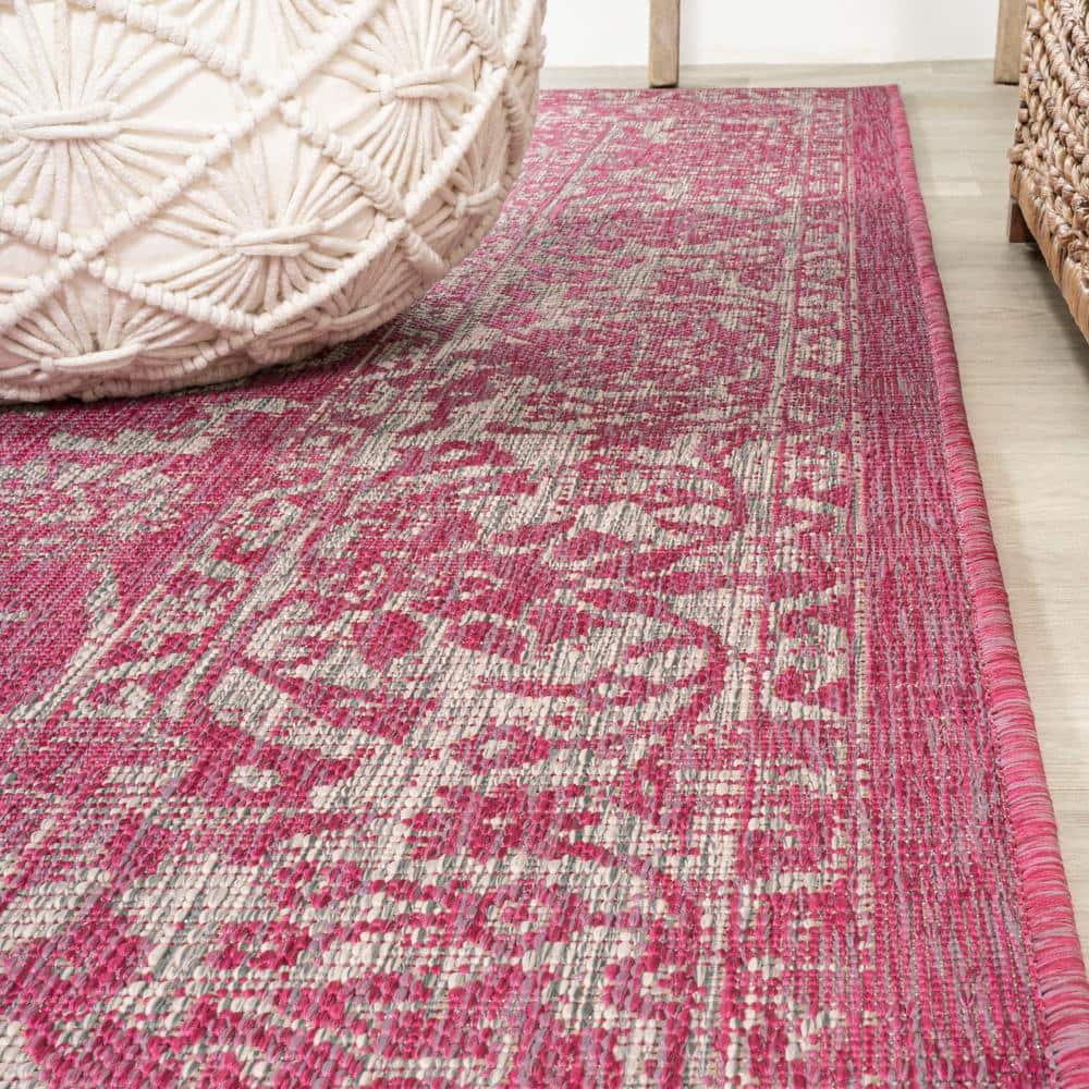 9' x 12' Fuchsia and Light Gray Floral Synthetic Area Rug