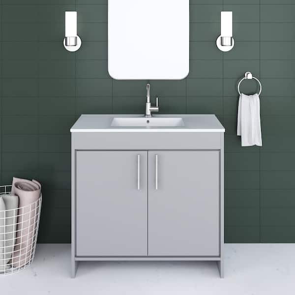 VOLPA USA AMERICAN CRAFTED VANITIES Villa 36 in. W x 18 in. D Bathroom Vanity in Gray with Ceramic Vanity Top in White with White Basin