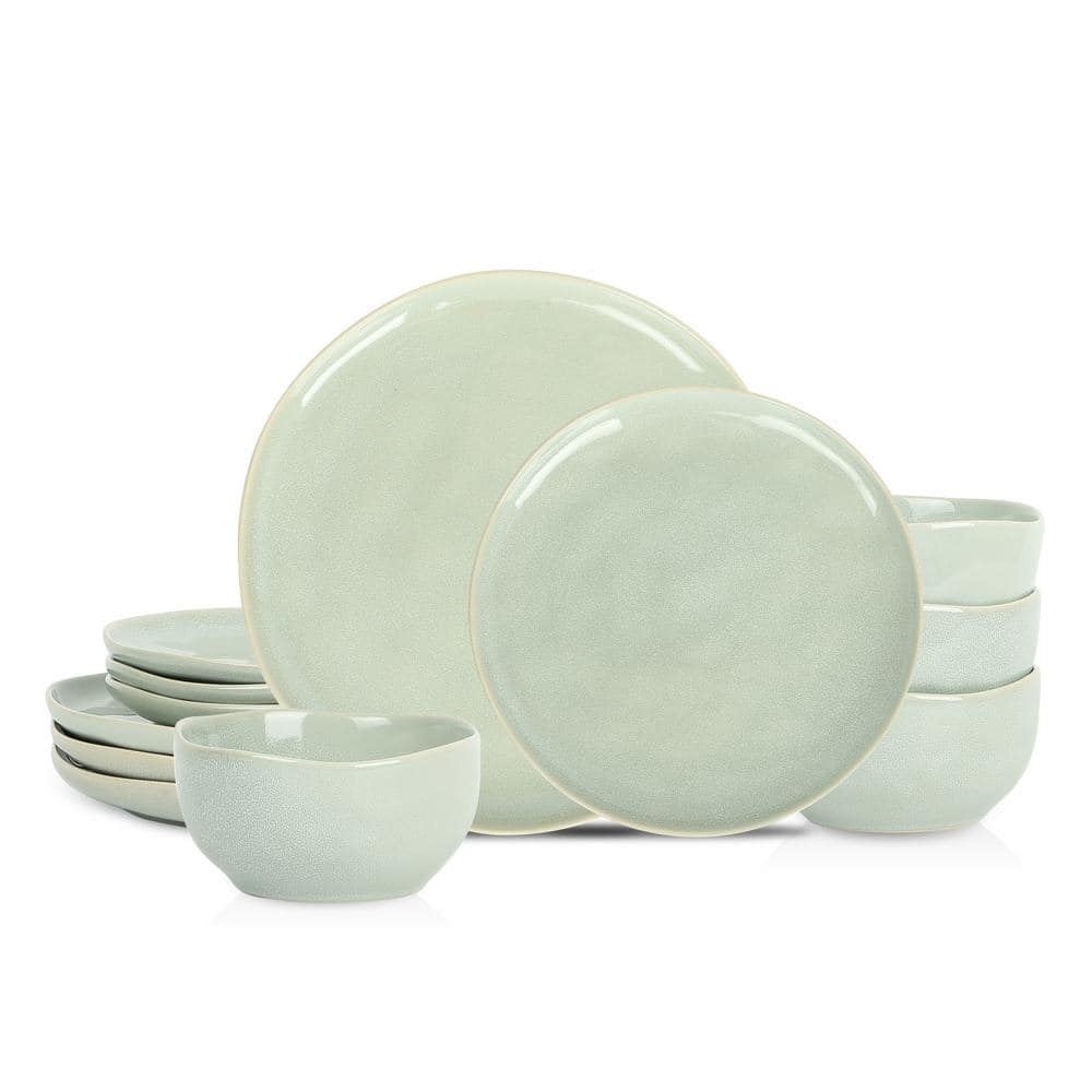 STONE LAIN Mirella 12-Piece Light Green Stoneware Dinnerware Set