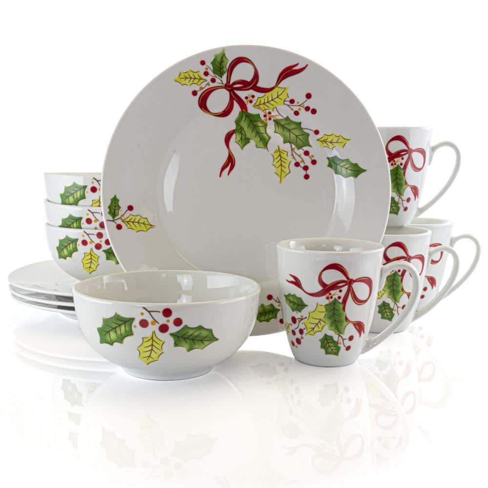 12 Pieces Service for 4 Poinsettia & Ribbons Christmas Fine China  Dinnerware Set