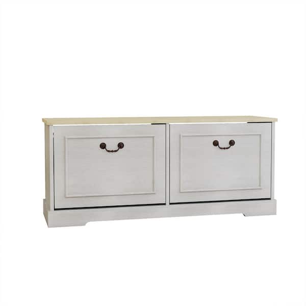 Harlan 17.7 in. H x 41.3 in. W 12-Pair Shoes Antique White Wood Shoe Storage Bench with 2 Flip Drawers