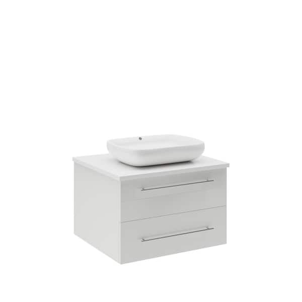Lucera 24 in. Single Sink Wall Mount Floating White Bath Vanity with White Quartz Top and Vessel Ceramic Sink