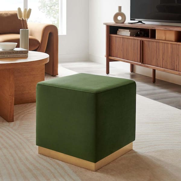 MODWAY Tilden 17 in. Square Performance Velvet Upholstered Ottoman in Moss Green Natural