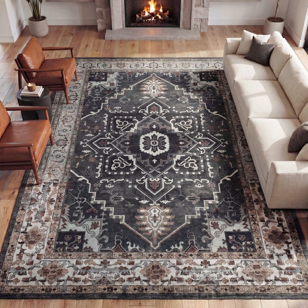 Sersi Ornate Large Medallion Border Non-Slip Machine-Washable Charcoal/Ivory 9 ft. x 12 ft. Area Rug price history on PriceWatchPro