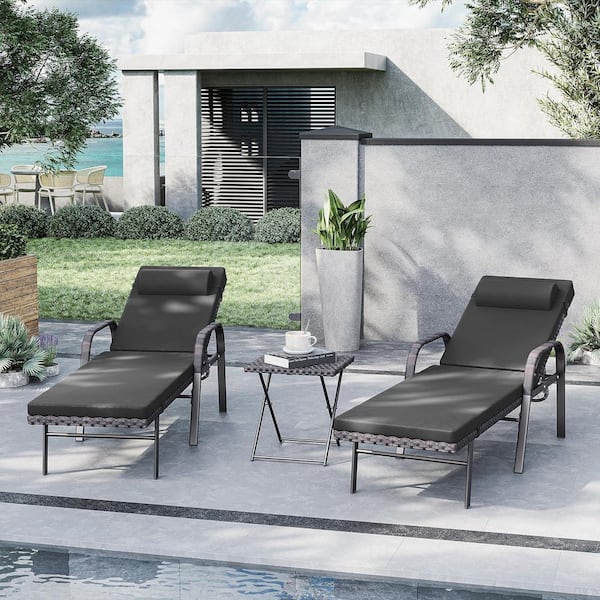 3-Piece Wicker Outdoor Folding Chaise Lounge with Table, Armrest and Cushion Black