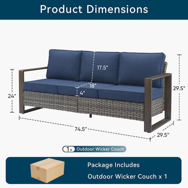 Kove Gray Wicker 1-Piece Outdoor Seactional Couch 3-Seat High Back Patio Sofa with Blue Cushion for Porch Backyard