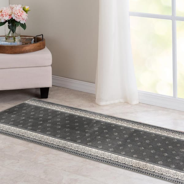 Kurdamir Fleur de Lis Dove/Oyster 26 in. x Your Choice Length Stair Runner Rug