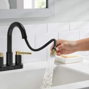 Dorind 4 in. Centerset Double-Handle Pull Down Bathroom Faucet in Matte Black and Matte Gold