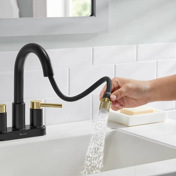 Glacier Bay Dorind 4 in. Centerset Double-Handle Pull Down Bathroom Faucet in Matte Black and Matte Gold