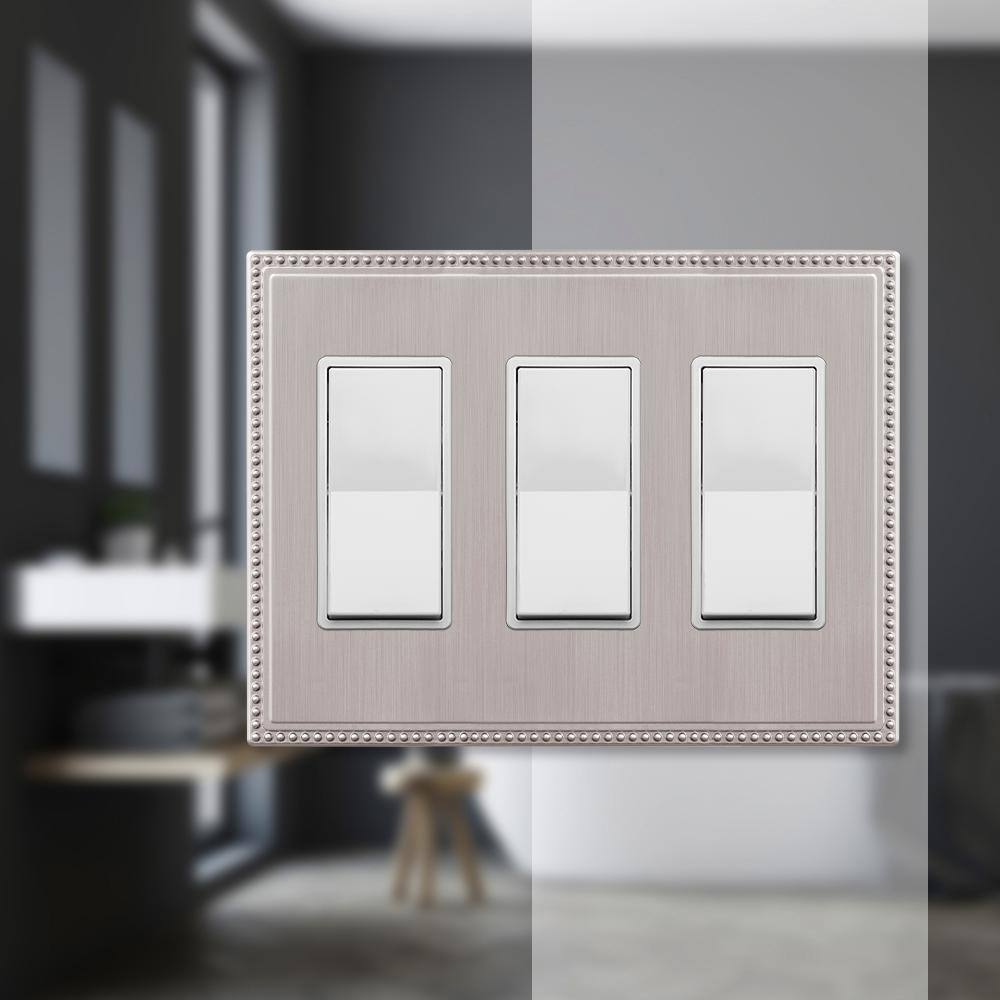 Brushed Nickel Triple Rocker Cast Metal Wall Plate