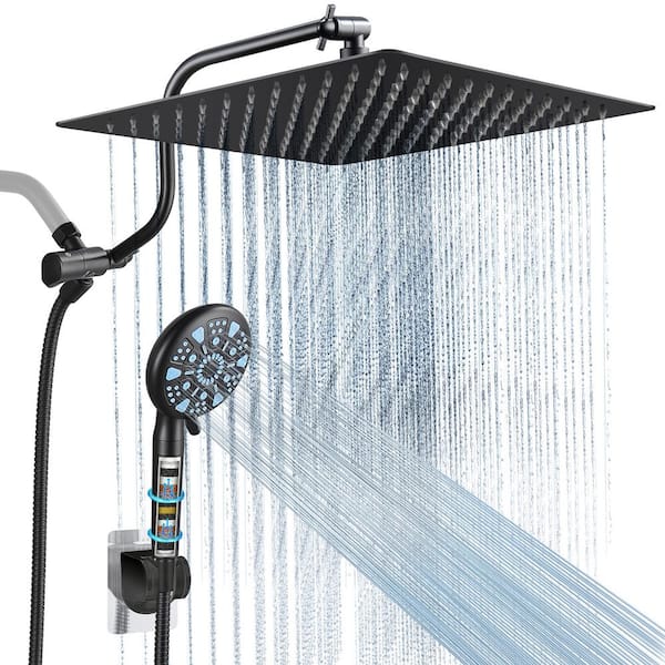 9-Spray Patterns Rainfull 2-in-1 Adjustable Fixed Shower Head with Filter 1.8 GPM and Handheld Shower Head in Black