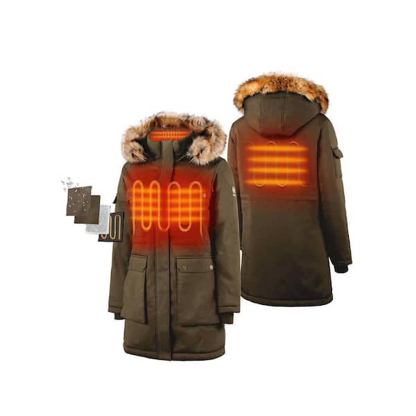 ORORO Women's X-Large Olive 7.38-Volt Lithium-Ion Thermolite Heated Parka Jacket with One 4.8 Ah Battery and Charger
