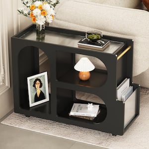 Black Modern 26.6 in. Rectangle Glass Top Mobile End Table Side Table with Lockable Wheels and Golden Round Rod