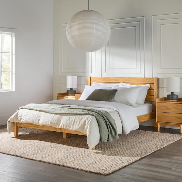 Welwick Designs Modern Beige Wood Frame King Platform Bed with Rattan  Headboard HD9931 - The Home Depot