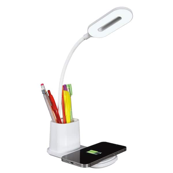 OttLite Organizer 15 in. LED Desk Lamp with Wireless Charging, White